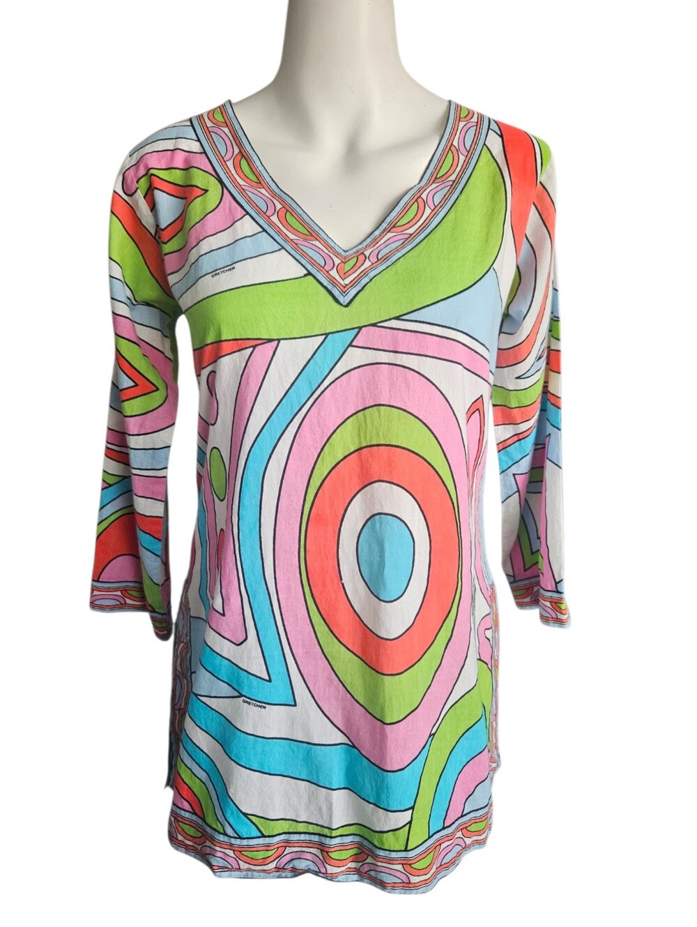 Gretchen Scott Geometric Print Tunic Top Women's V-Neck 3/4 Sleeve Mod Retro XS‎